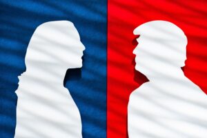 Silhouettes facing off on red and blue background symbolizing strategic entry into the US market by a beauty, luxury, and lifestyle consulting agency.